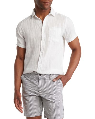 Report Collection Linen Garment Dyed Short Sleeve Button-up Shirt - White