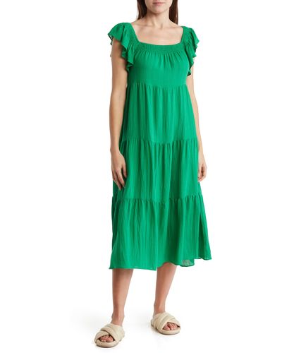 Lush Flutter Sleeve Texture Tiered Midi Dress - Green