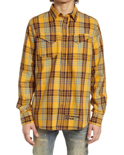 Cult Of Individuality World On Fire Plaid Button-up Shirt - Yellow