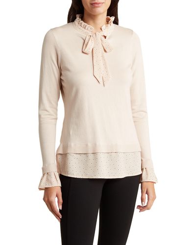 Adrianna Papell Ruffle Tie Neck Sweater - Natural