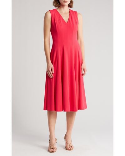 Calvin Klein V-neck Seamed Fit & Flare Midi Dress - Red