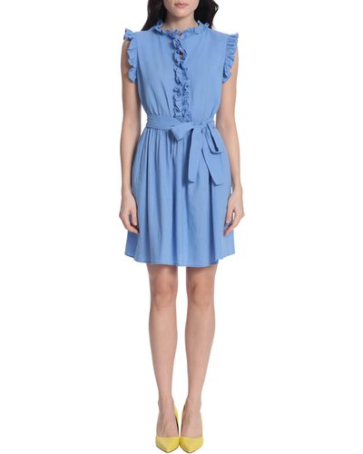 Donna Morgan Ruffle Neck Linen Blend Minidress - Blue