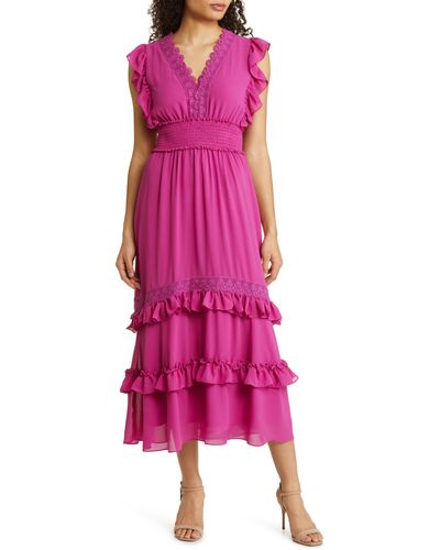 Tahari Lace Trim Tiered Georgette Dress - Pink