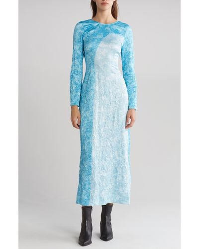 Ganni Crinkled Long Sleeve Satin Maxi Dress - Blue