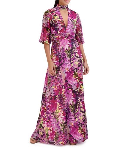 Laundry by Shelli Segal Floral Elbow Sleeve Maxi Dress - Purple