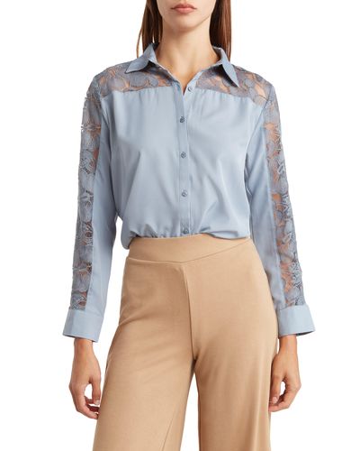 Forgotten Grace Lace Inset Polished Button-up Shirt - Blue