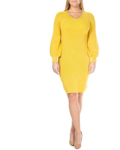Nina Leonard V-neck Balloon Sleeve Sweater Dress - Yellow