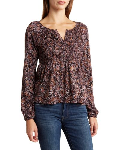 Lucky Brand Paisley Smocked Long Sleeve Top - Red
