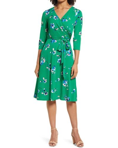 Eliza J Floral Long Sleeve Faux Wrap Dress - Green