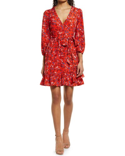 Eliza J Floral Long Sleeve Ruffle Minidress - Red