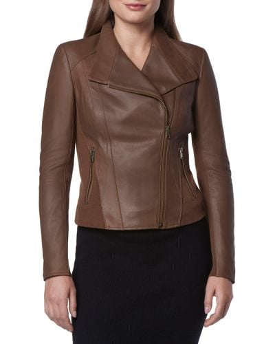 Andrew Marc Felix Leather Moto Jacket With Knit Panels - Brown