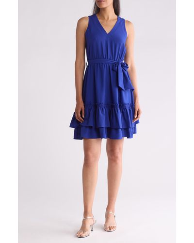 Calvin Klein Belted Ruffle Hem Gauze Dress - Blue