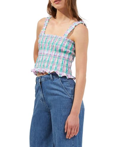 French Connection Smocked Check Organic Cotton Tank - Blue