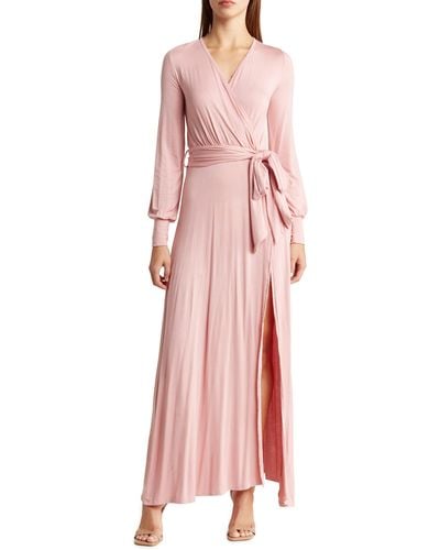 Go Couture Surplice Neck Long Sleeve Knit Maxi Dress - Pink