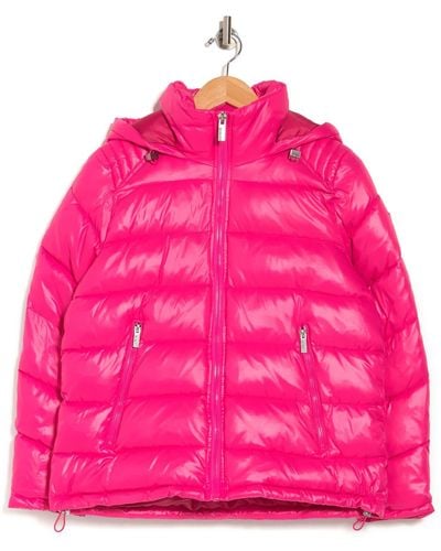 Guess High-shine Hooded Puffer Coat - Pink