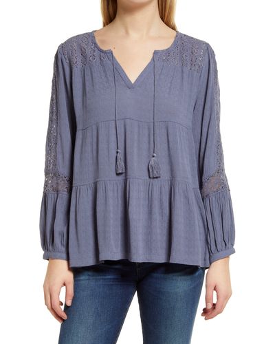 Lucky Brand Tie Neck Lace Long Sleeve Top - Blue