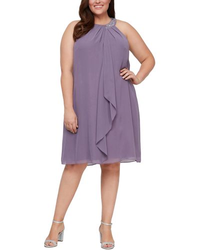 Sl Fashions Braid Beaded Neck Chiffon Cascade Ruffle Dress - Purple