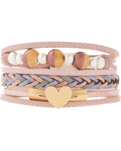 Saachi Wooden Beaded Braided Leather Cuff Bracelet - Pink