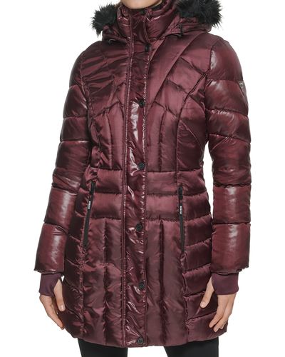 Guess Faux Fur Trim Hooded Puffer Coat - Red