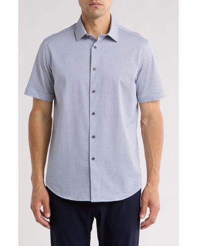 Bugatchi Diamond Print Short Sleeve Stretch Cotton Button-down Shirt - Blue