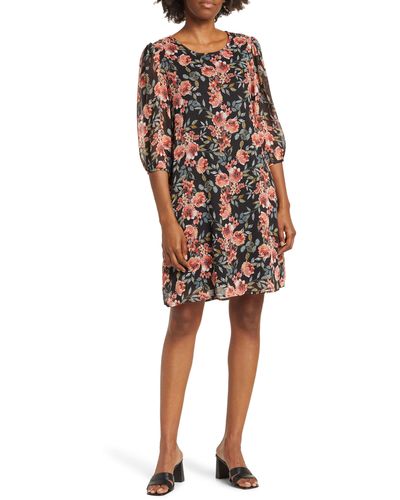 Connected Apparel Floral Balloon Sleeve Shift Dress - Multicolor