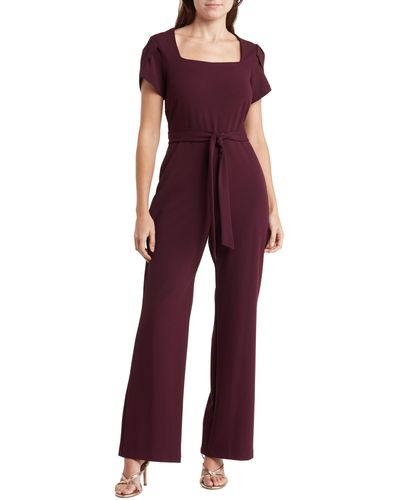 Connected Apparel Tulip Sleeve Tie Waist Jumpsuit - Red