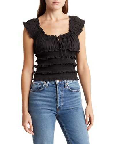 BDG Frill Cotton Shirred Puff Sleeve Blouse - Black