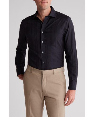 Bugatchi Shaped Fit Tonal Plaid Cotton Button-up Shirt - Blue