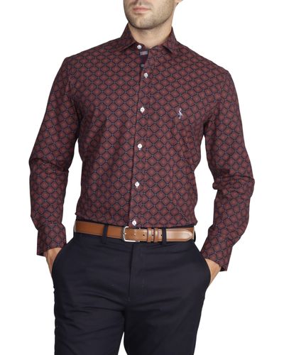 Tailorbyrd Regular Fit Geometric Stretch Cotton Button-up Shirt - Red
