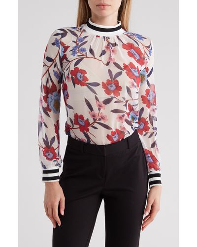 French Connection Eloise Floral Long Sleeve Chiffon Top - Red