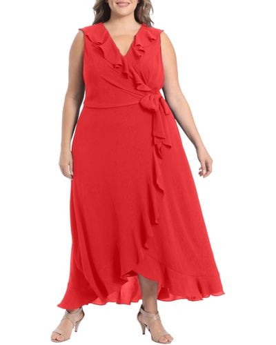 London Times Ruffle Sleeveless Faux Wrap Maxi Dress - Red