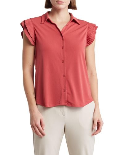 Adrianna Papell Pleated Cap Sleeve Button-up Shirt - Red