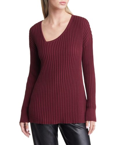 Open Edit Asymmetric V-neck Tunic Sweater - Red