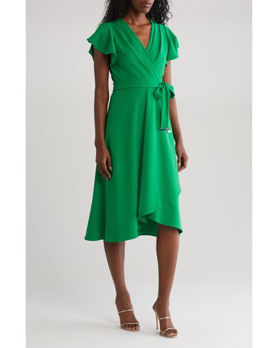 DKNY Flutter Sleeve Faux Wrap Midi Dress - Green