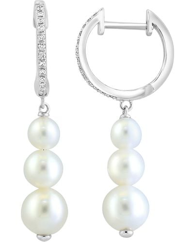 Effy 14k White Gold Diamond Huggie 5-5.5mm Freshwater Pearl Drop Earrings