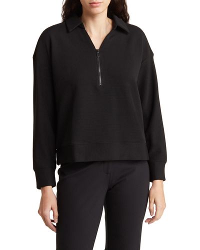 Adrianna Papell Ottoman Rib Zip Front Pullover Top - Black
