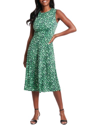 London Times Sleeveless Boatneck Floral Print Dress - Green