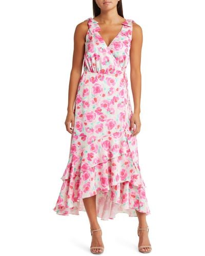 Adelyn Rae Willow Floral Ruffle Handkerchief Hem Wrap Dress - Pink