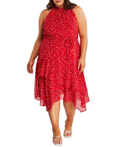 Estelle Gambetta Floral Tie Waist Dress - Red