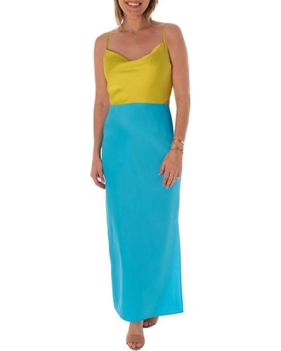 Taylor Dresses Cowl Neck Sleeveless Colorblock Maxi Dress - Blue