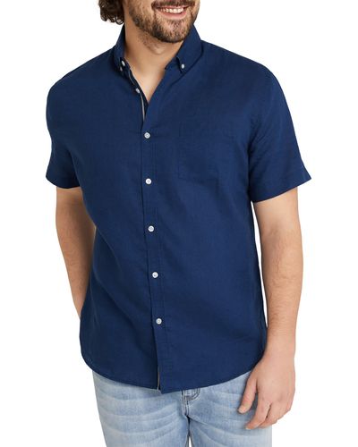 Johnny Bigg Fresno Solid Short Sleeve Linen & Cotton Button-down Shirt - Blue