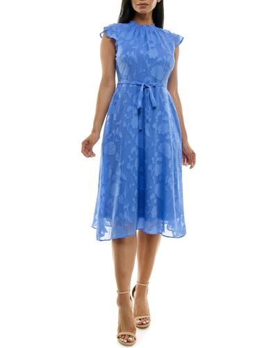 Nina Leonard Mock Neck Flutter Sleeve Midi Dress - Blue