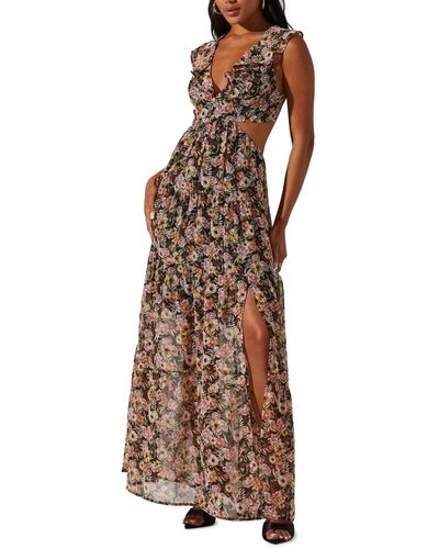 Astr Floral Print Cutout Dress - Brown