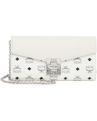 MCM Large Coated Canvas Wallet On A Chain - White