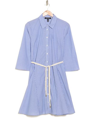 Ellen Tracy Stripe Long Sleeve Belted Shirtdress - Blue