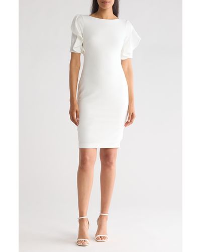 Calvin Klein Ruffle Sleeve Scuba Crepe Sheath Dress - White