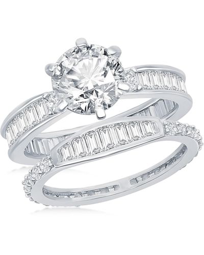 Simona Sterling Silver Baguette & Round Cubic Zirconia Engagement Ring Set - White