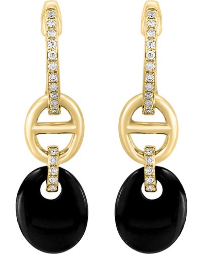 Effy 14k Yellow Gold Pavé Diamond Onyx Drop Huggie Hoop Earrings - Metallic