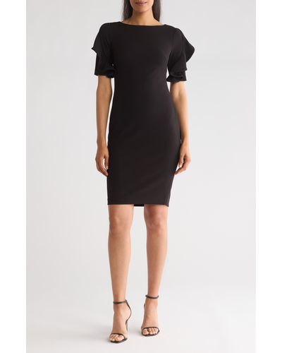Calvin Klein Ruffle Sleeve Scuba Crepe Sheath Dress - Black