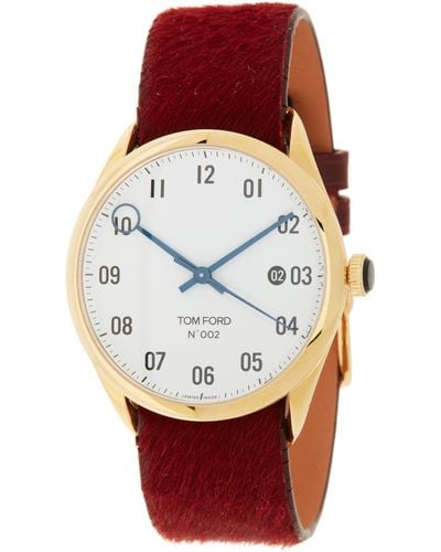 Tom Ford 002 Auto 18k Yellow Gold White Dial Genuine Calf Hair Leather Strap Watch - Red